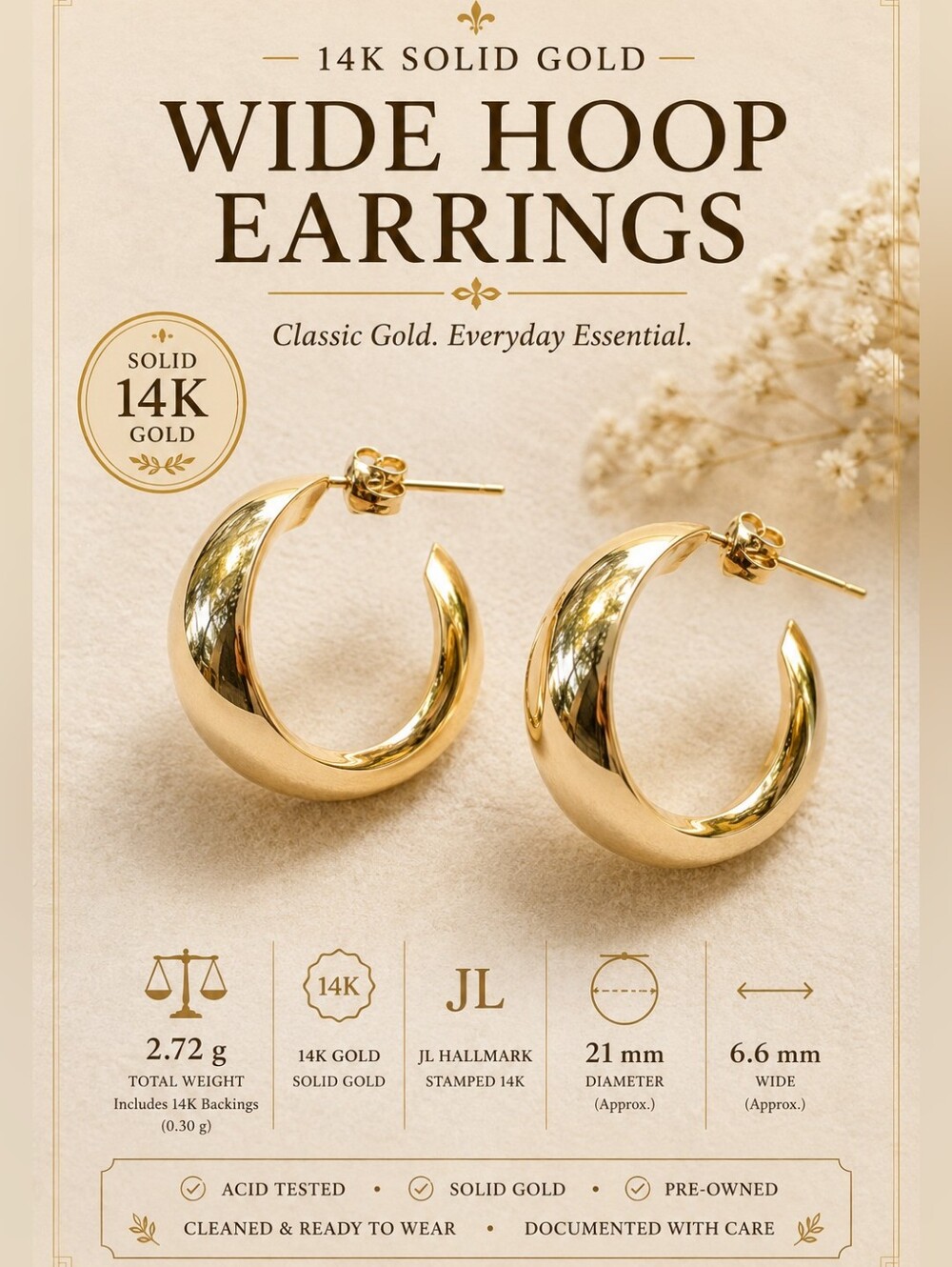 14K Solid Gold Hoop Earrings - 2.72g